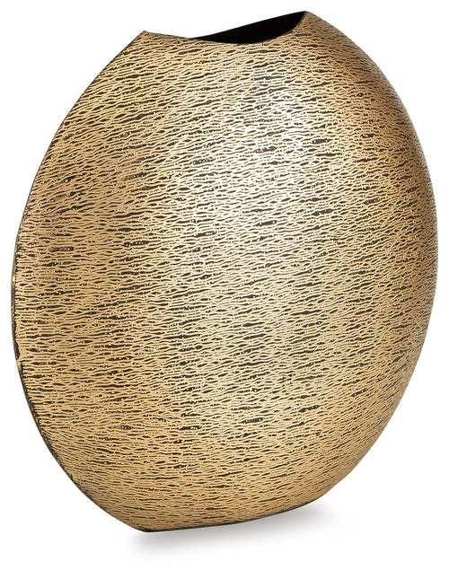 Antique gold vase with textured surface, dark flared opening, rounded teardrop shape