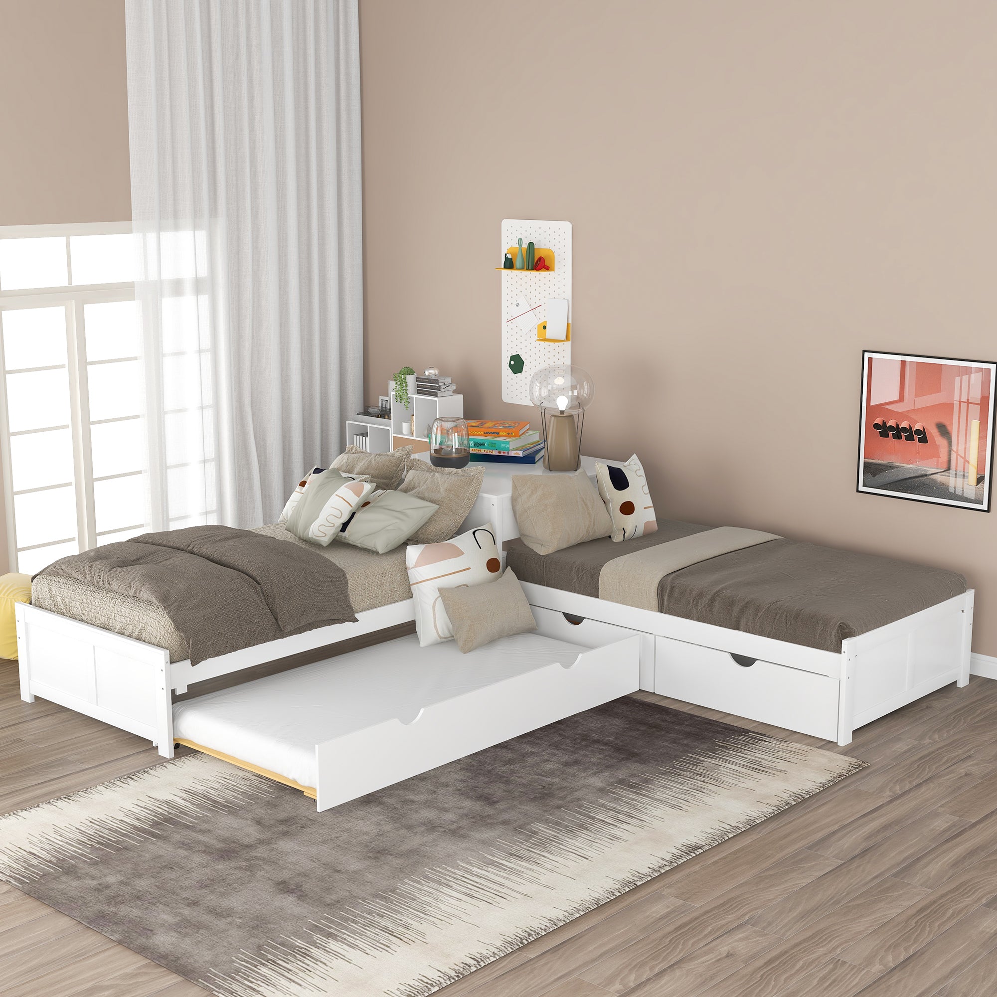 L-shaped Twin Bed with Trundle, Drawers & Built-in Desk, White