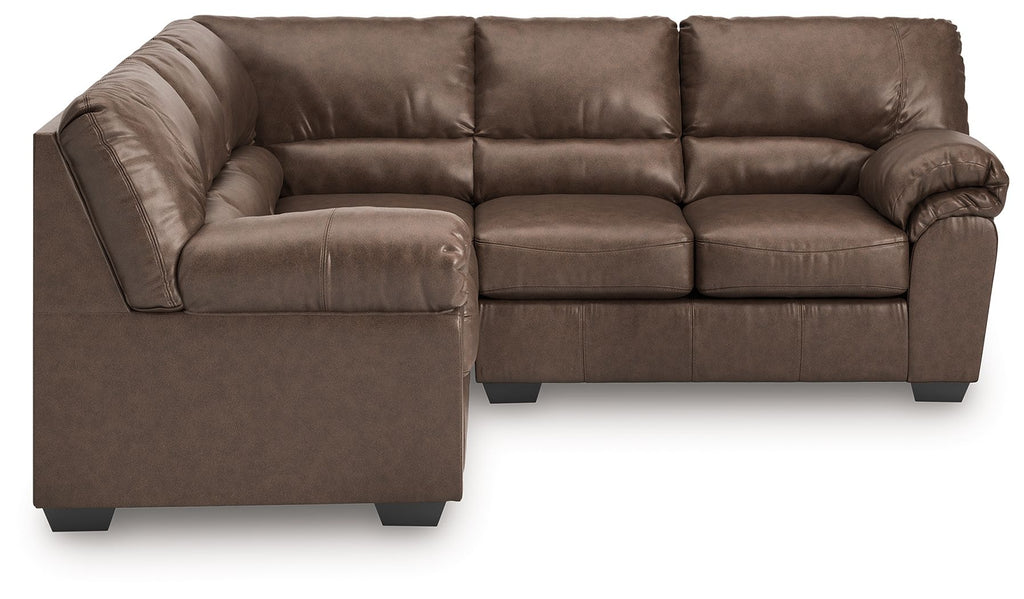 Sectional sofa with brown leather-look upholstery, deep seat, and rounded corner arm