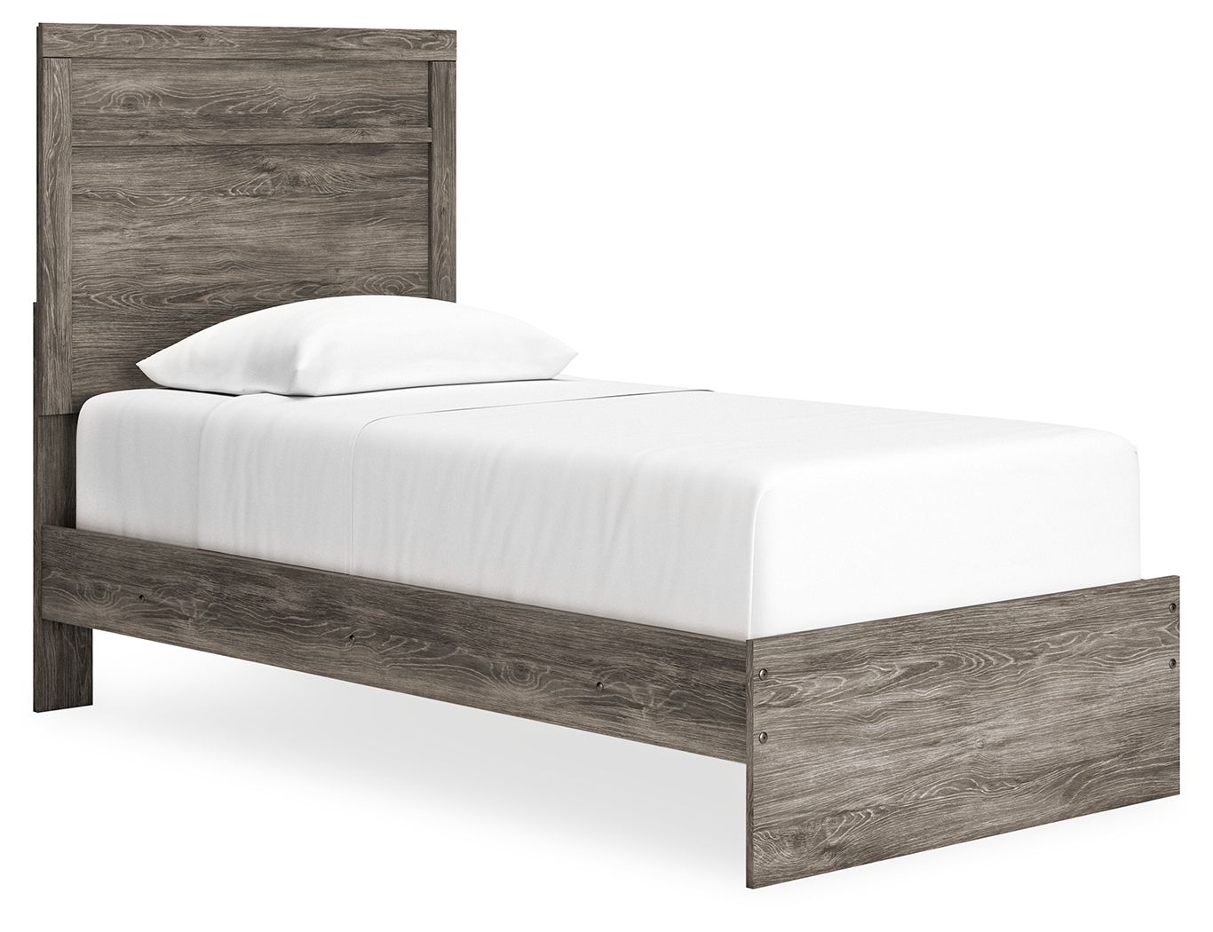 Dark gray wood-look panel bed with slatted headboard and low platform frame