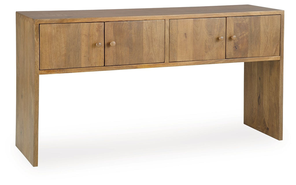 Rich brown wood console table with four drawers and metal knob pulls