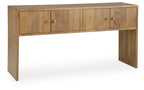 Rich brown wood console table with four drawers and metal knob pulls