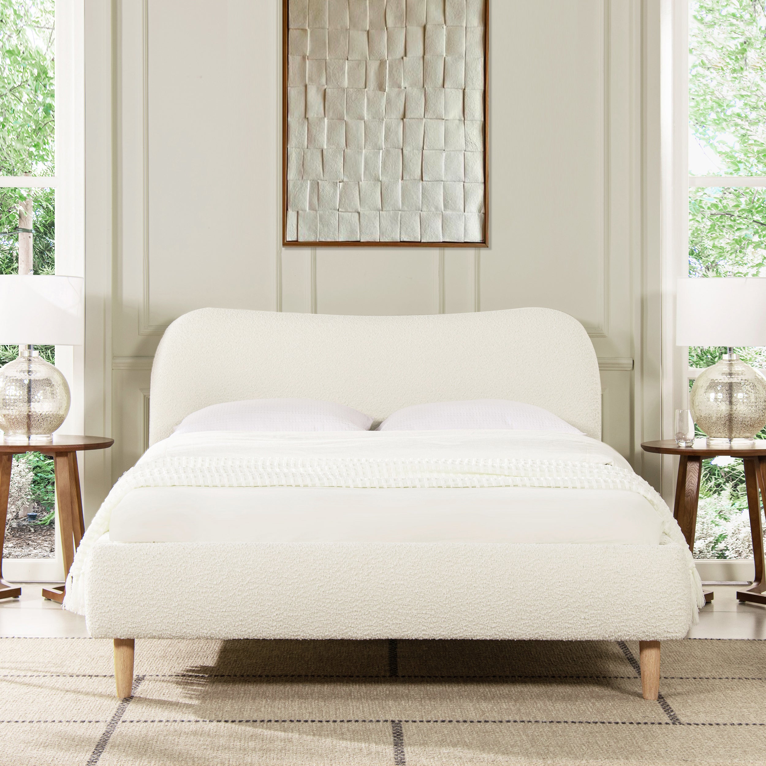 Roman Curved Upholstered Queen Bed - Ivory White Boucle Headboard