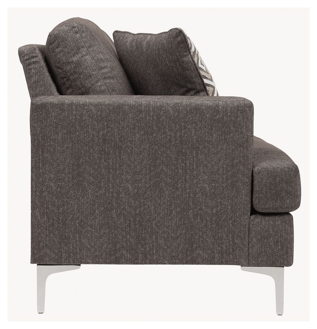 Arcola sofa with dark gray textured fabric and two padded back cushions