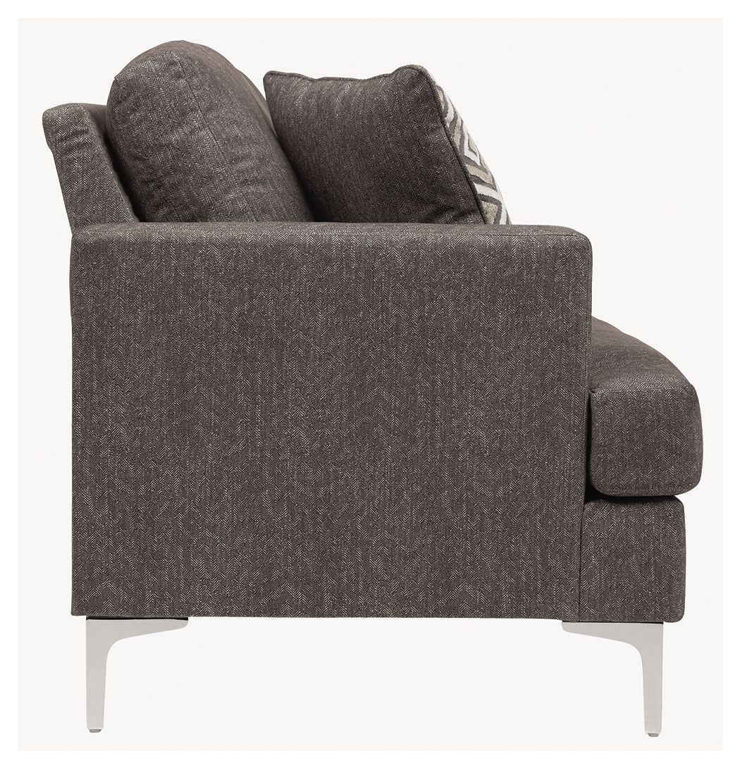 Arcola sofa with dark gray textured fabric and two padded back cushions