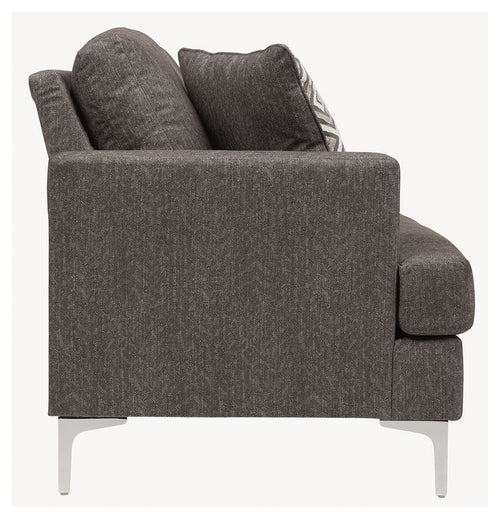 Arcola sofa with dark gray textured fabric and two padded back cushions