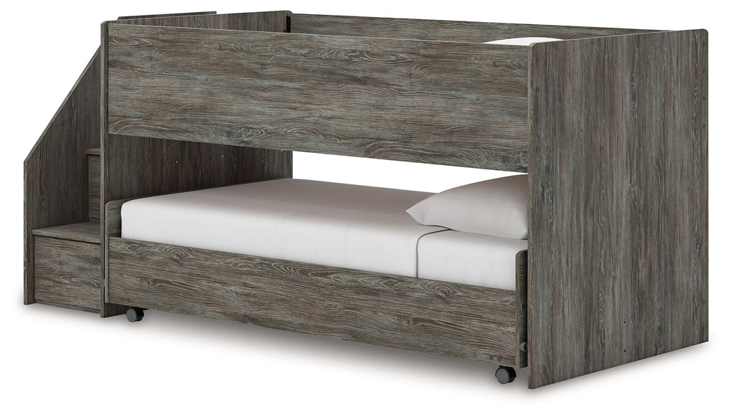 Gray twin-over-twin loft bed frame, open side with ladder steps, two mattress positions