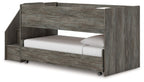 Gray twin-over-twin loft bed frame, open side with ladder steps, two mattress positions