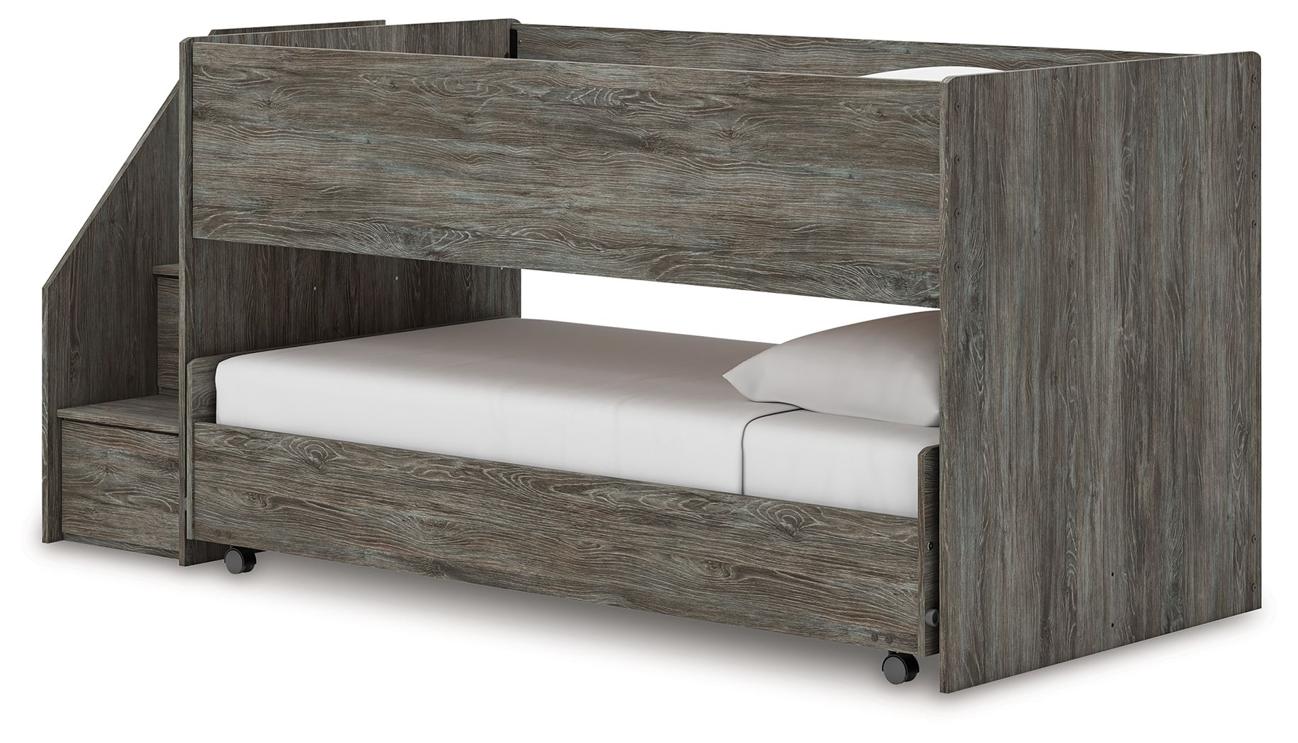 Gray twin-over-twin loft bed frame, open side with ladder steps, two mattress positions