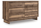 Six-drawer dresser in brown wood with six front drawers and straight legs