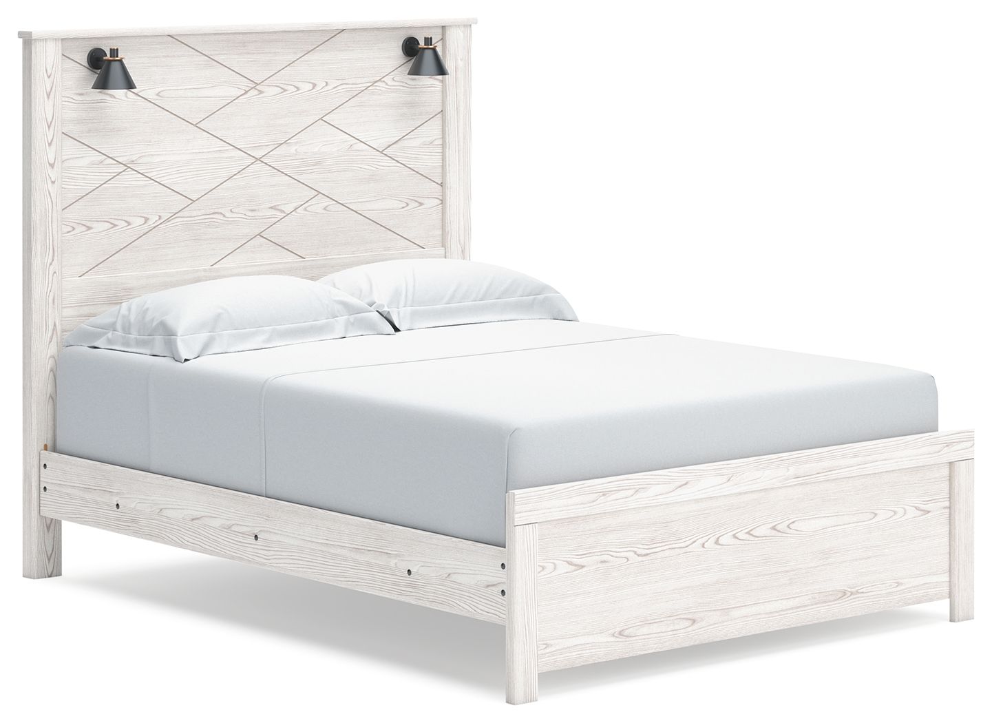 White panel bed with two black wall sconces and slatted headboard, light wood grain