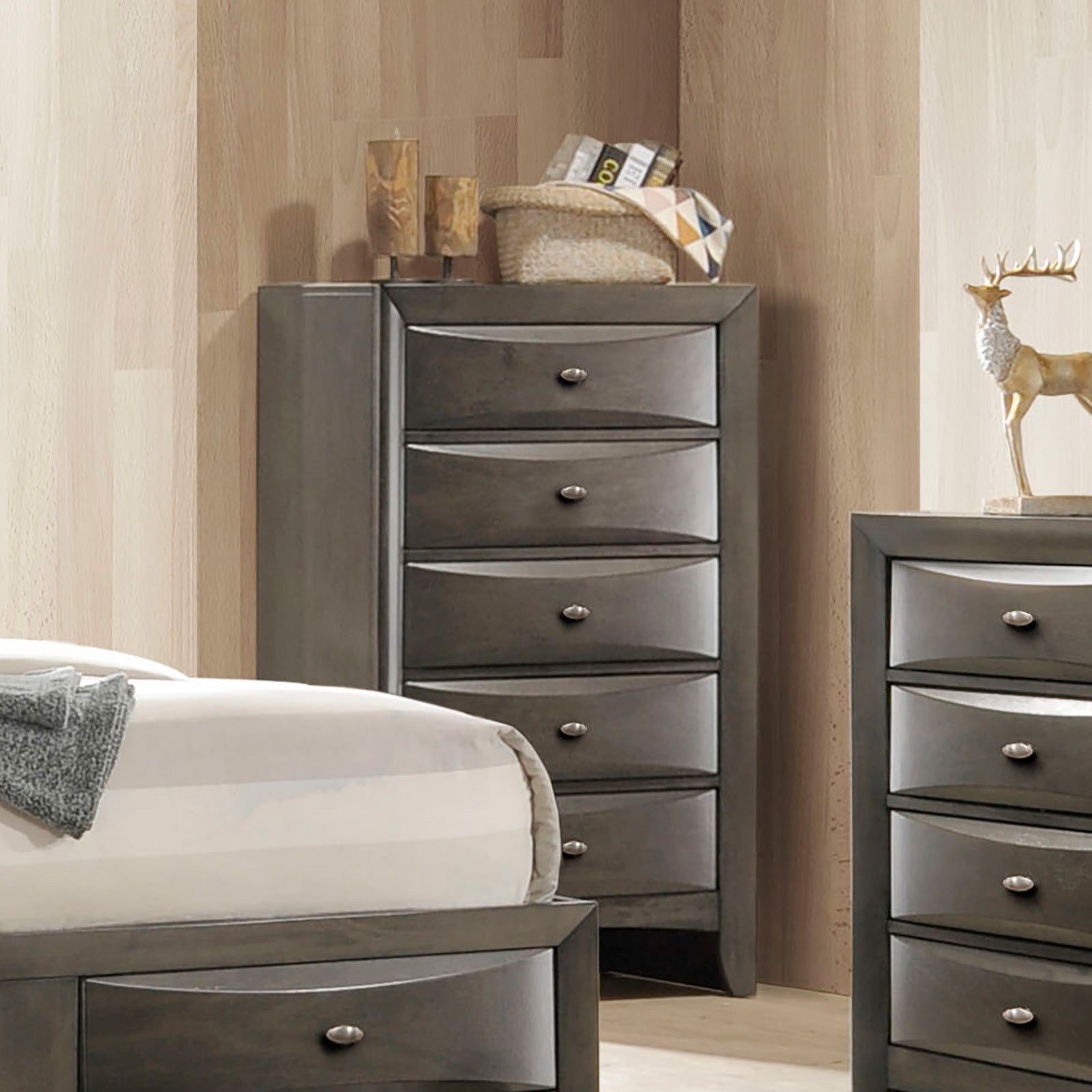 Gray Transitional 5-Drawer Chest with Oval Knobs