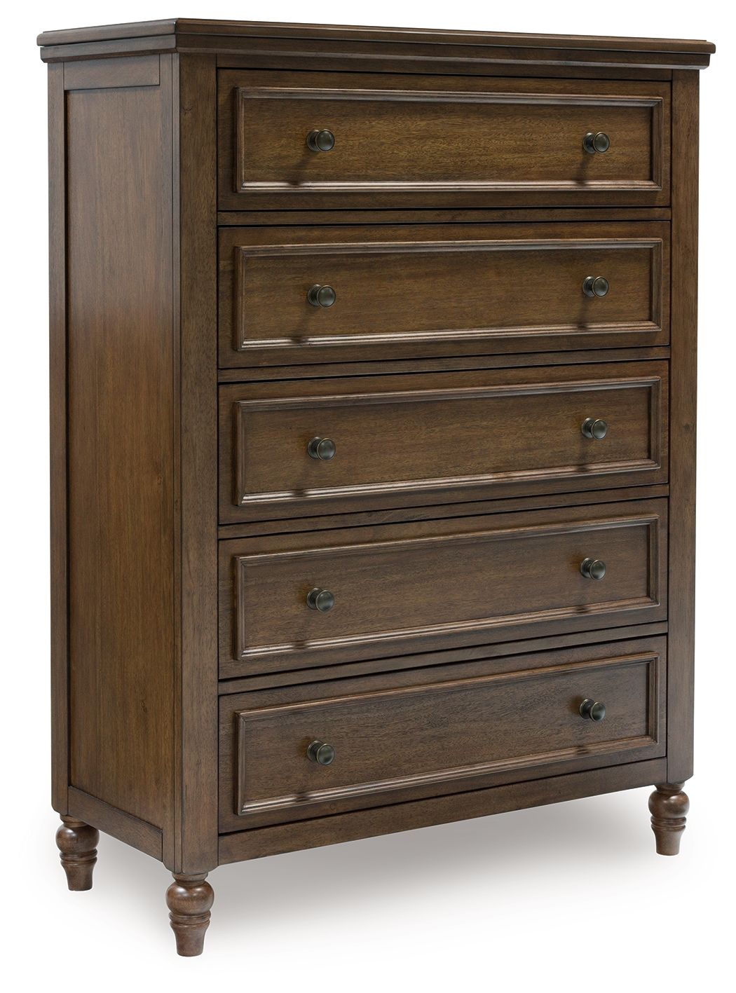 Brown five-drawer chest with metal knobs and framed drawer fronts, turned legs