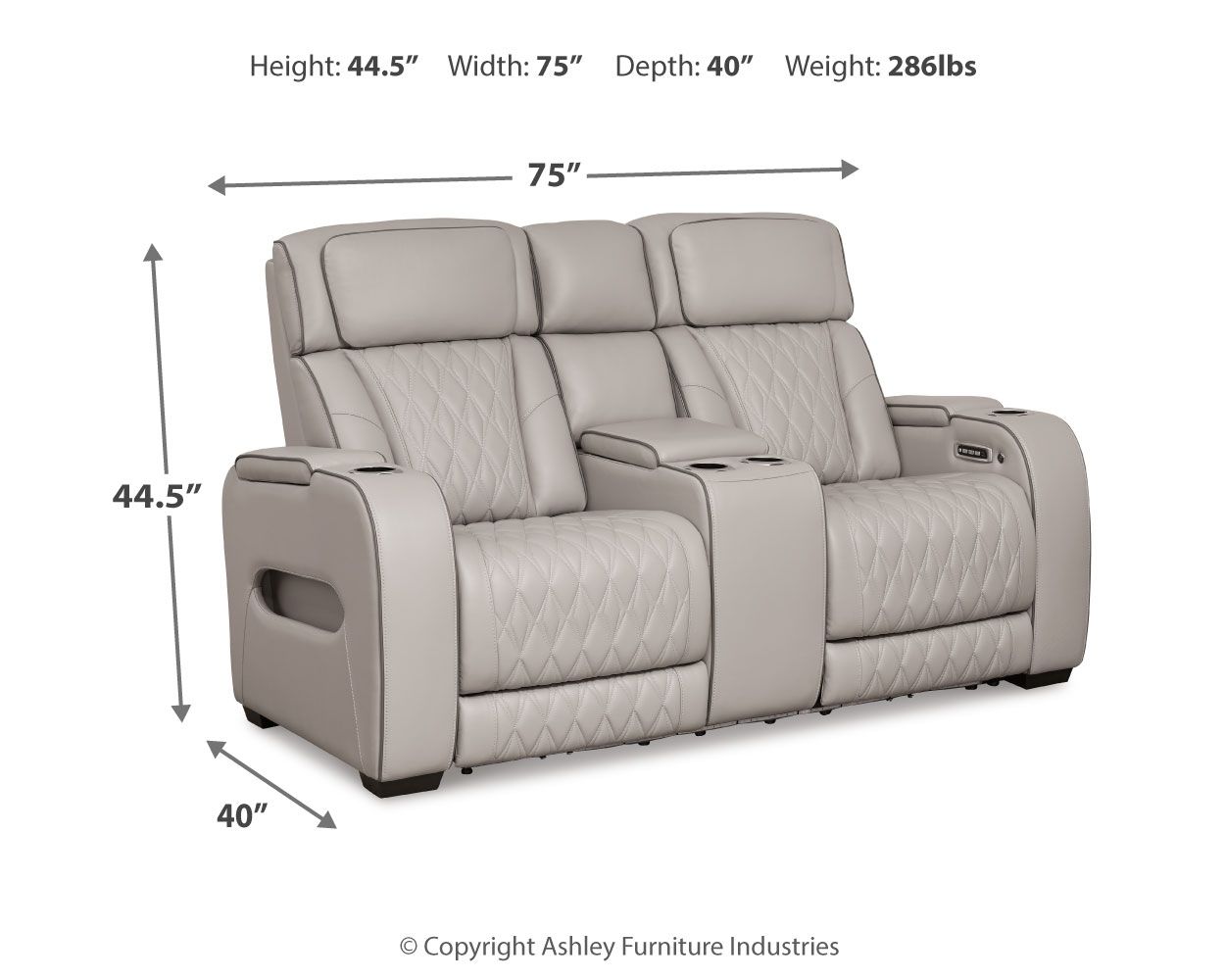 Gray power reclining loveseat with console, quilted armrests, and adjustable headrests