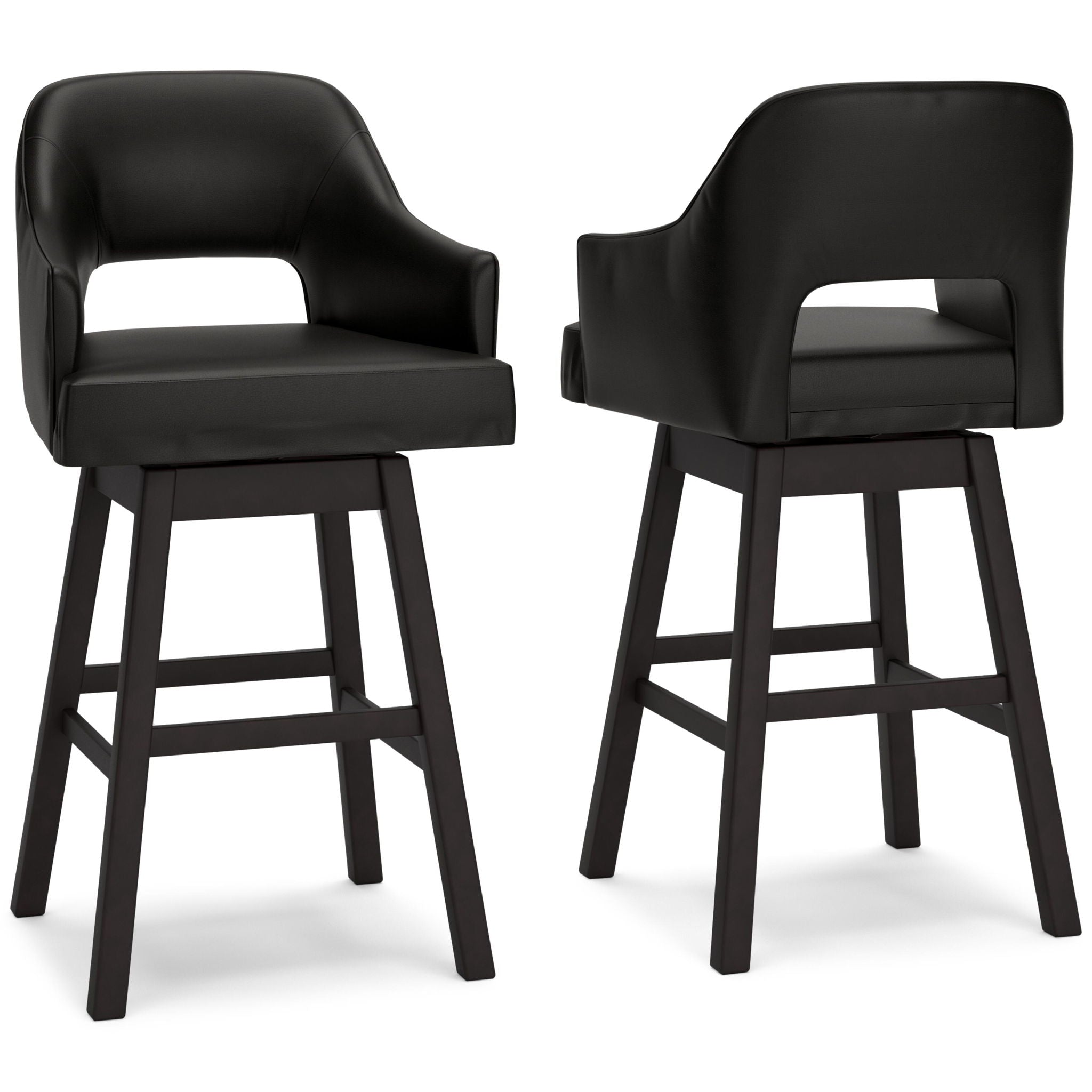 Black upholstered barstools with curved backrests and dark four-leg bases, set of 2