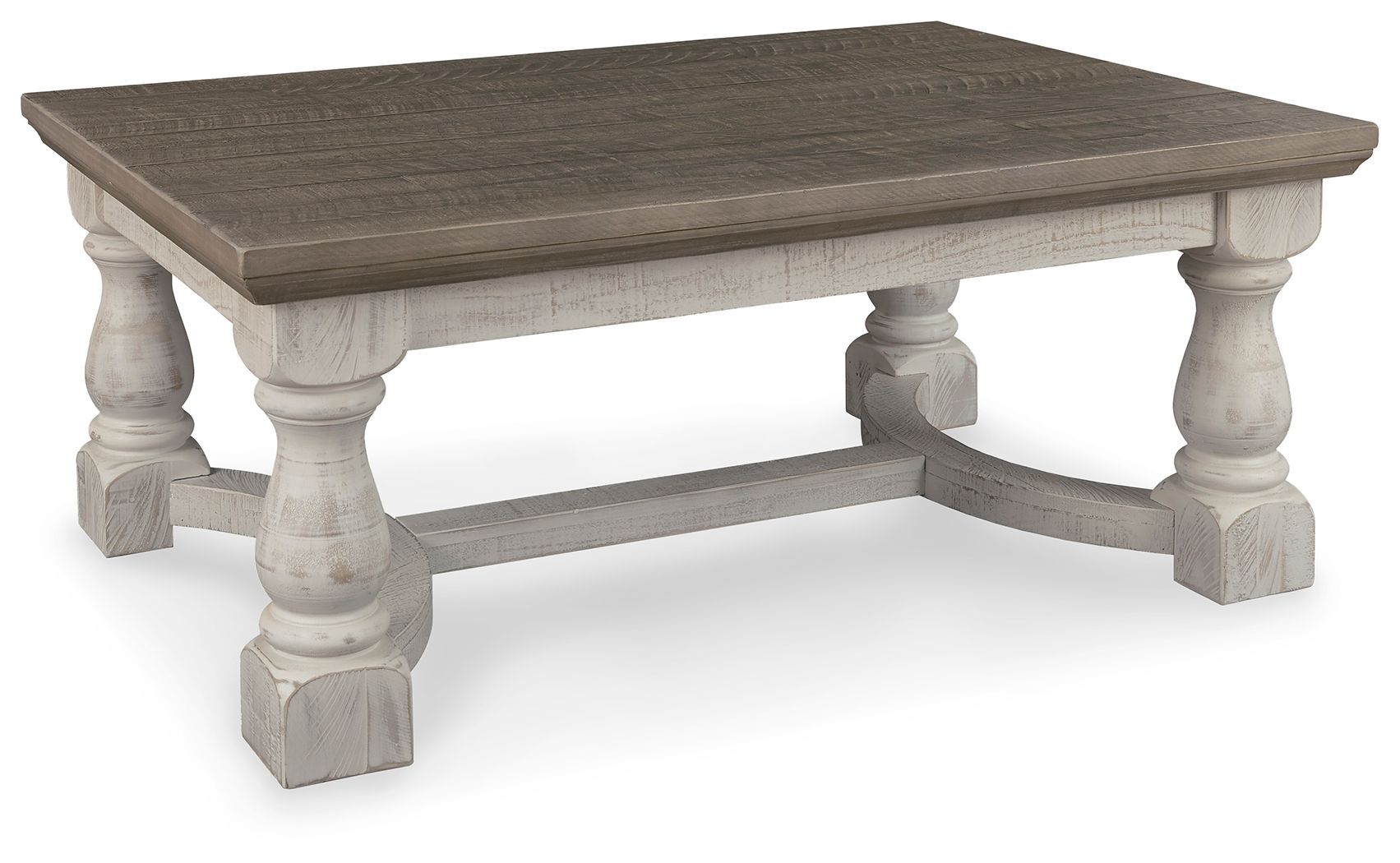 Rectangular cocktail table with dark gray tabletop and white turned legs