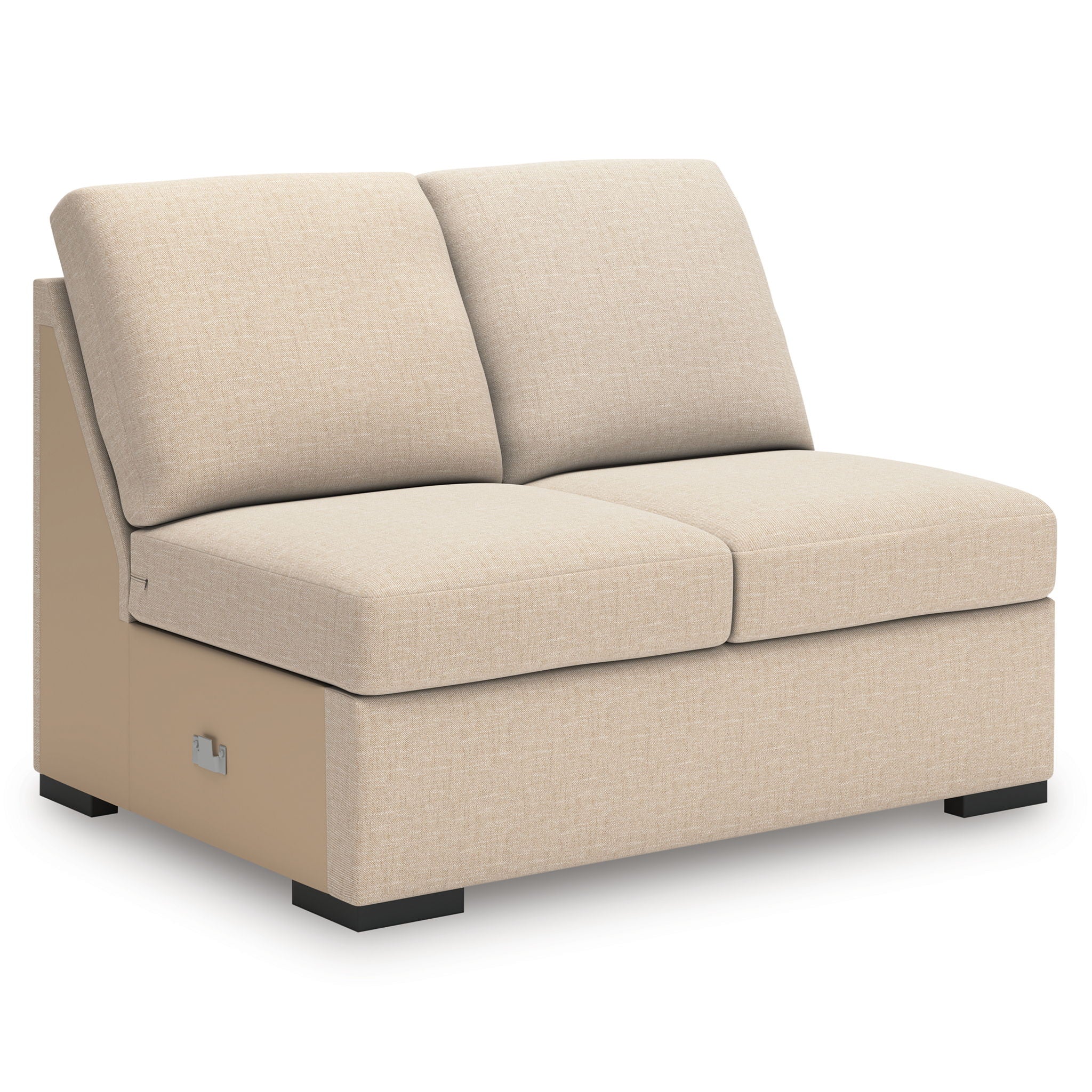 Cream upholstered chaise lounge with two large back cushions and black base legs