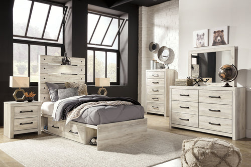 Cambeck youth bedroom set with light wood bed, matching nightstand, dresser, and mirror