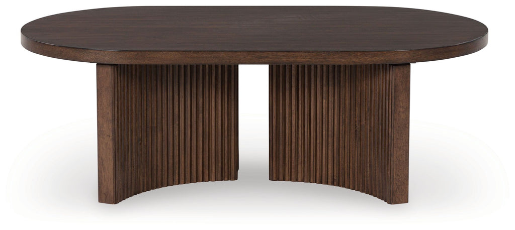 Oval dark brown cocktail table, ribbed side panels and simple straight legs