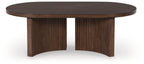 Oval dark brown cocktail table, ribbed side panels and simple straight legs