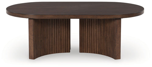 Oval dark brown cocktail table, ribbed side panels and simple straight legs