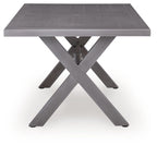 Gray rectangular dining table with center umbrella mount and X-legs