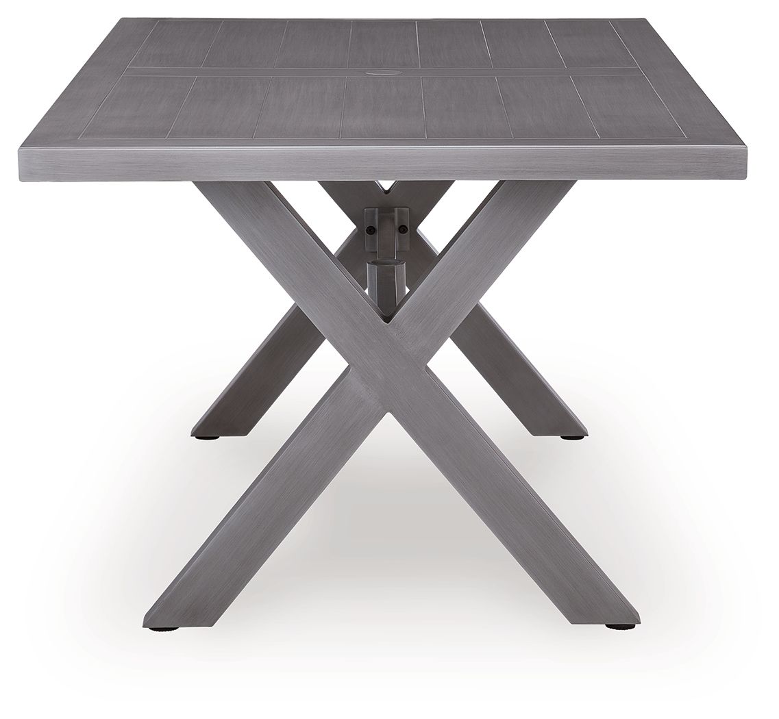 Gray rectangular dining table with center umbrella mount and X-legs