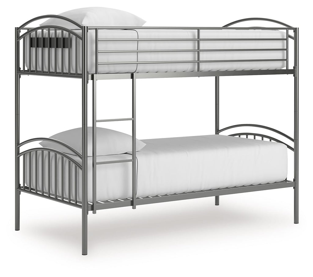 Gray twin-over-twin bunk bed frame with ladder and white mattresses