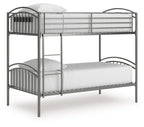 Gray twin-over-twin bunk bed frame with ladder and white mattresses