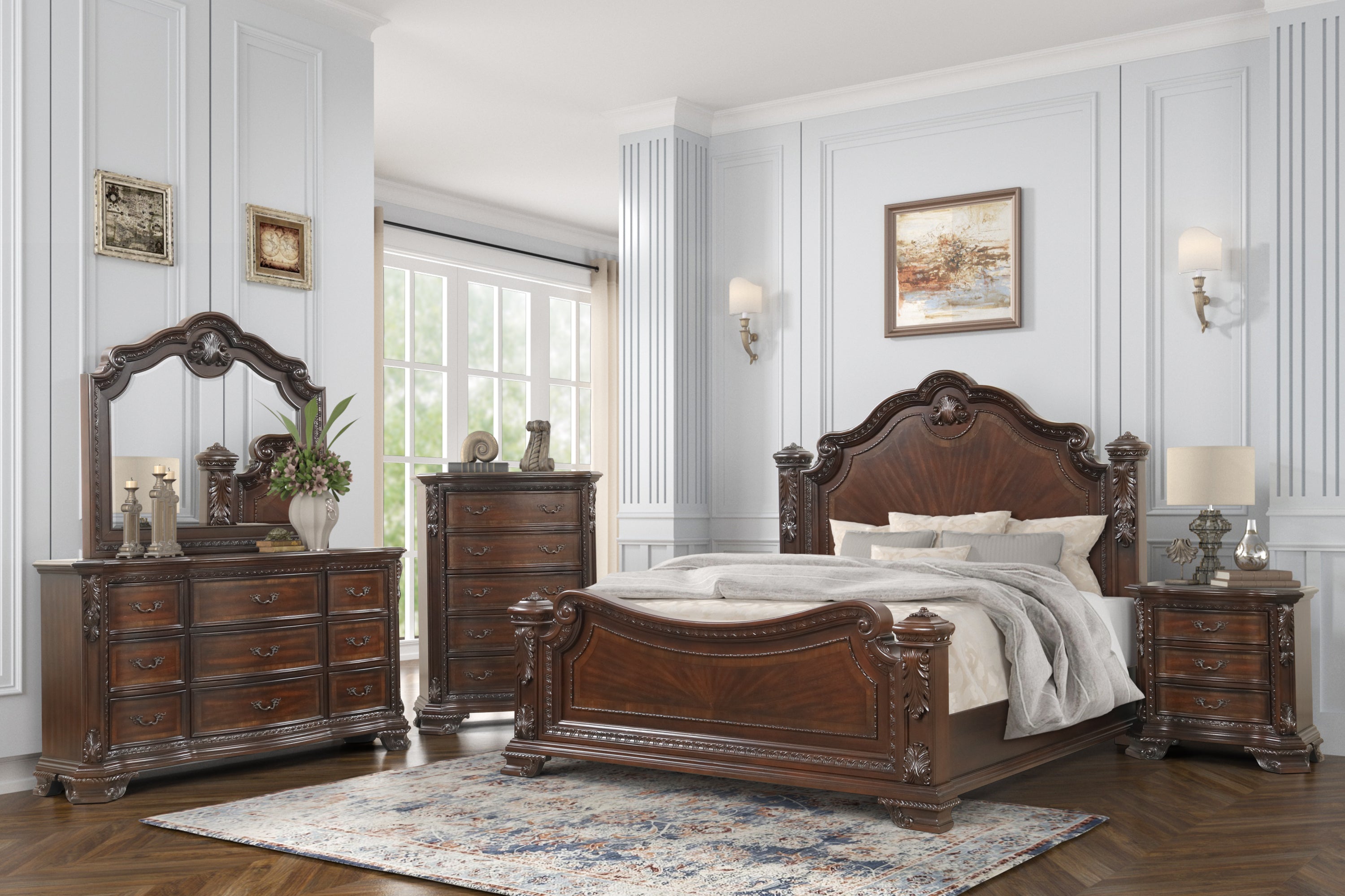 Traditional Queen Bedroom Set: Intricate Wood Carvings in Walnut