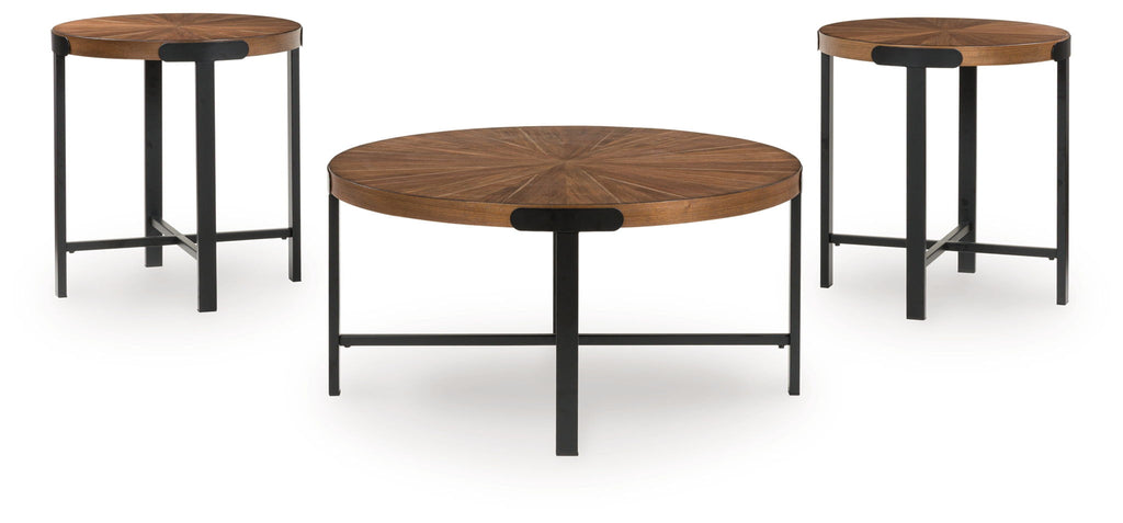 Set of 3 round tables with brown wood surfaces, dark legs, and cross braces