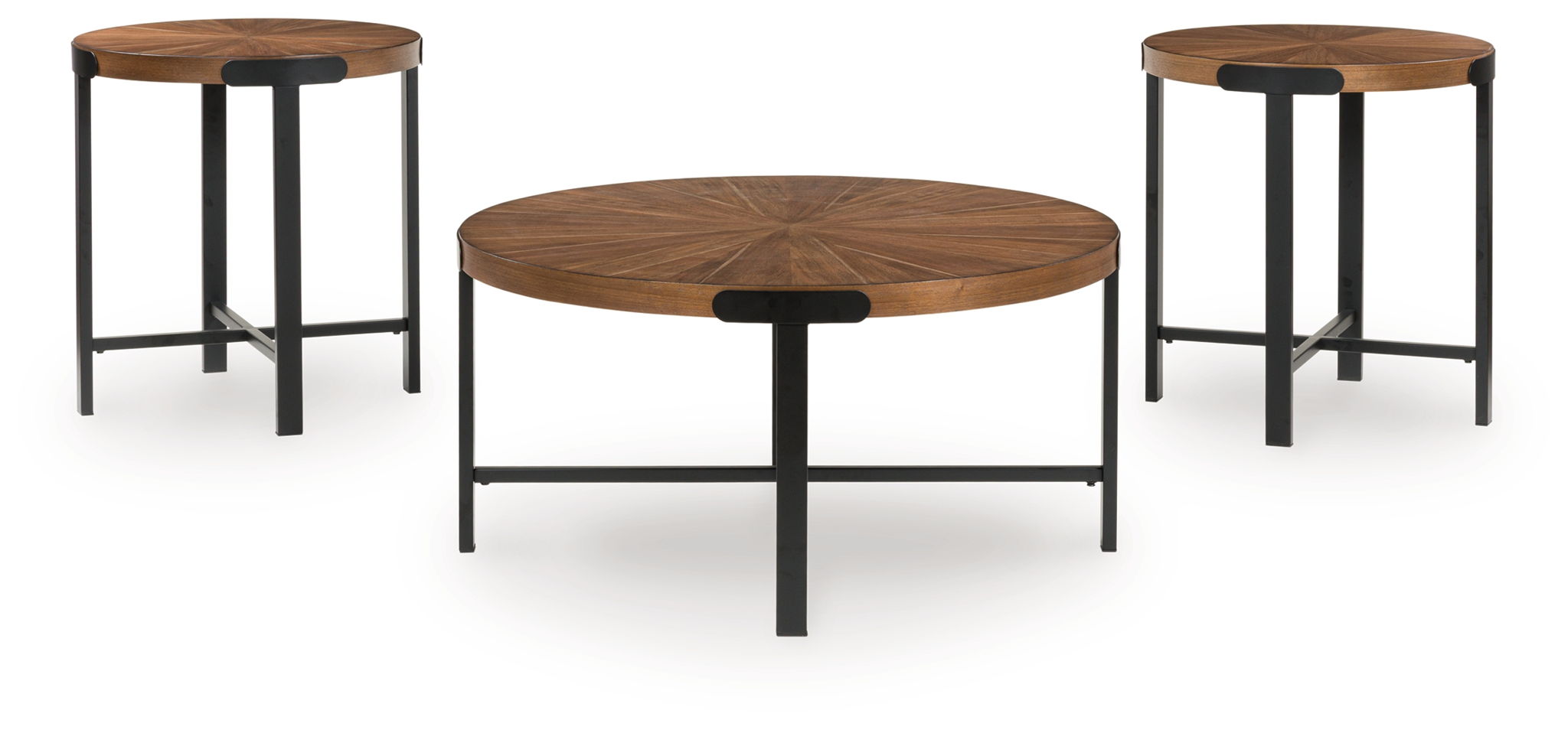 Set of 3 round tables with brown wood surfaces, dark legs, and cross braces