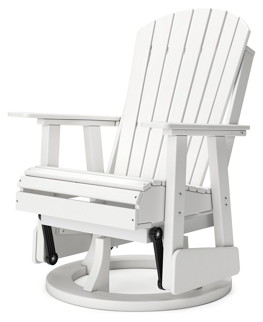 White swivel glider chair shown from the side with slat back and padded armrests.