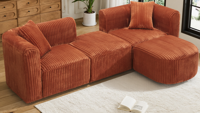 Luxury Modern Curved Corduroy Modular Sectional Sofa, Orange