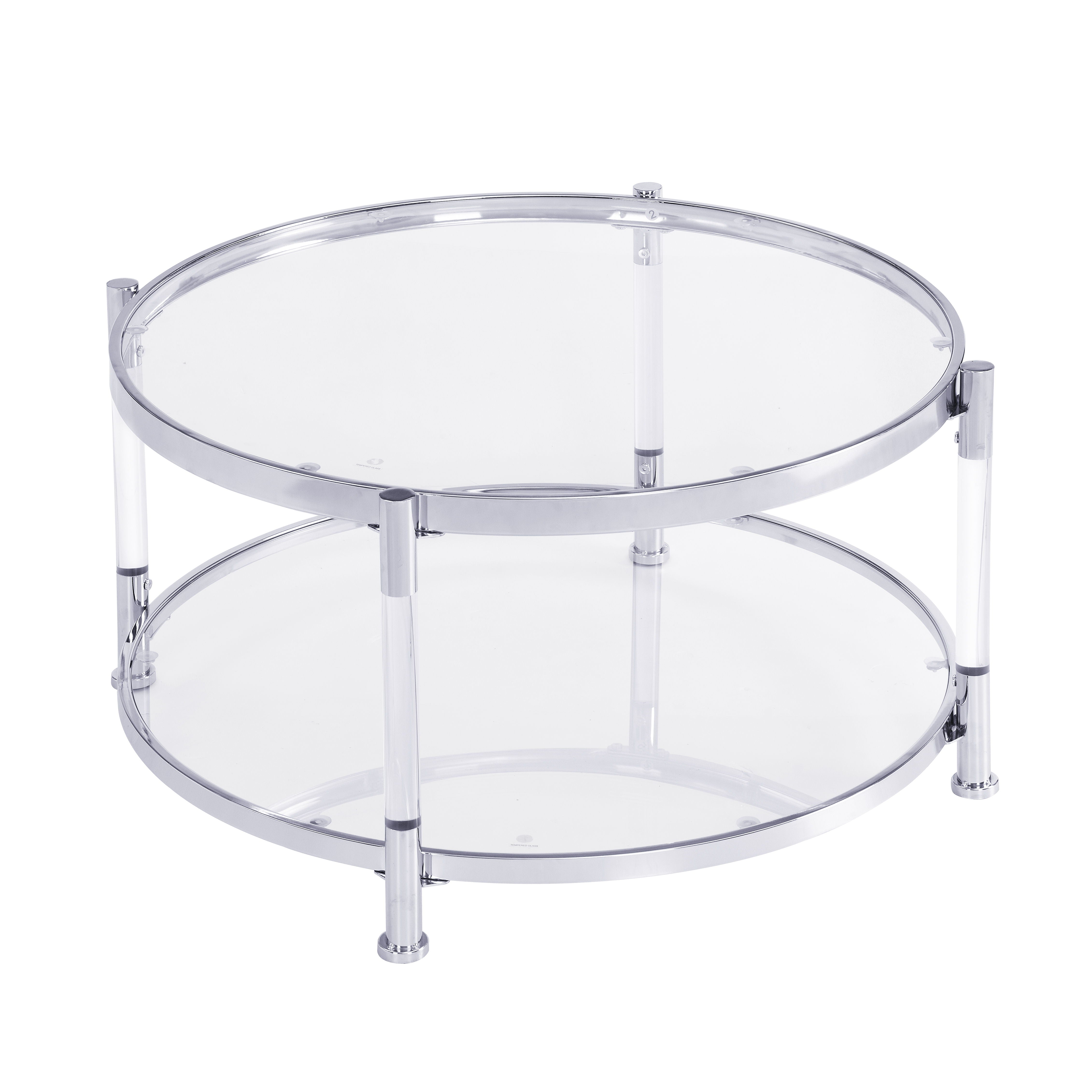 W82153572 Contemporary Acrylic Coffee Table, 32.3'' Round Tempered Glass Coffee Table, Chrome/Silver Coffee Table For Living Room