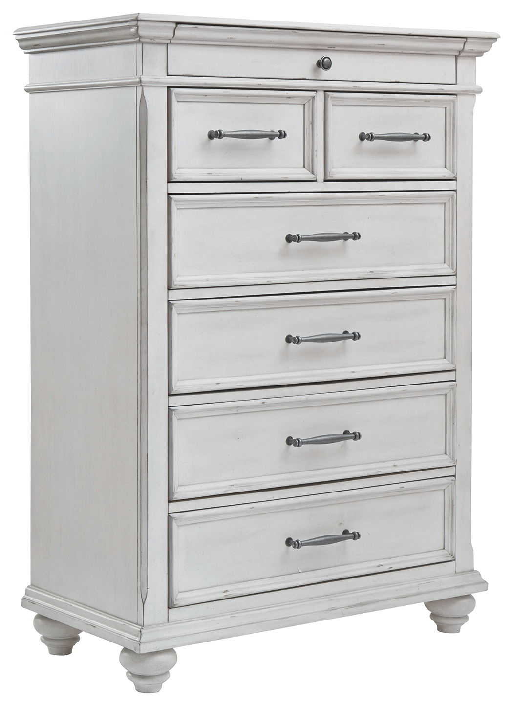 White paneled dresser cabinet with six drawers, curved metal pulls, and turned legs
