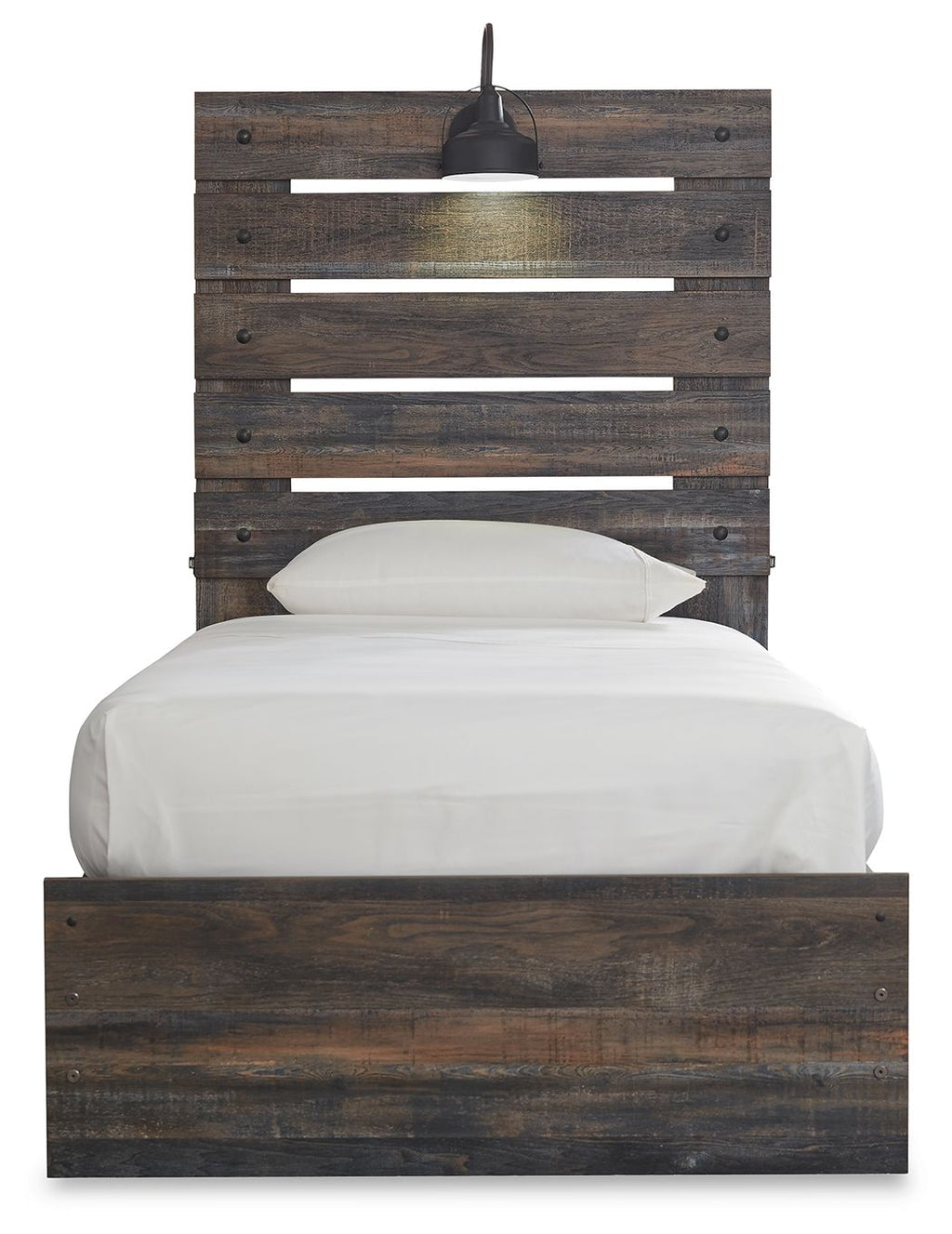 Panel bed with slatted headboard, dark wood base and white bedding