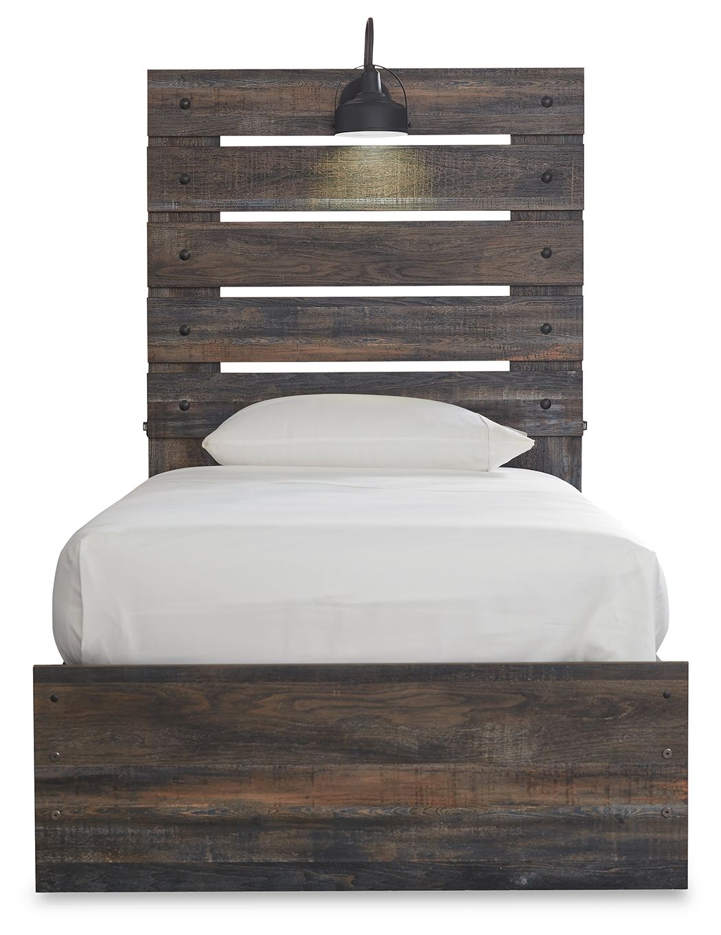 Panel bed with slatted headboard, dark wood base and white bedding