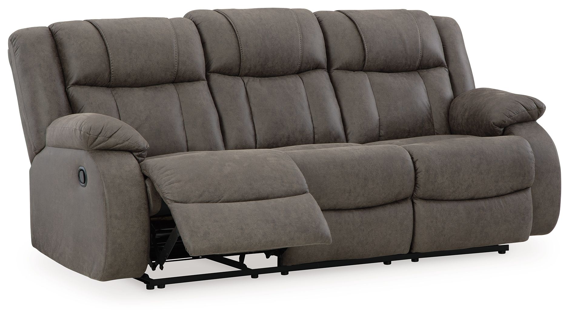 Dark gray reclining sofa with tufted back and padded headrest