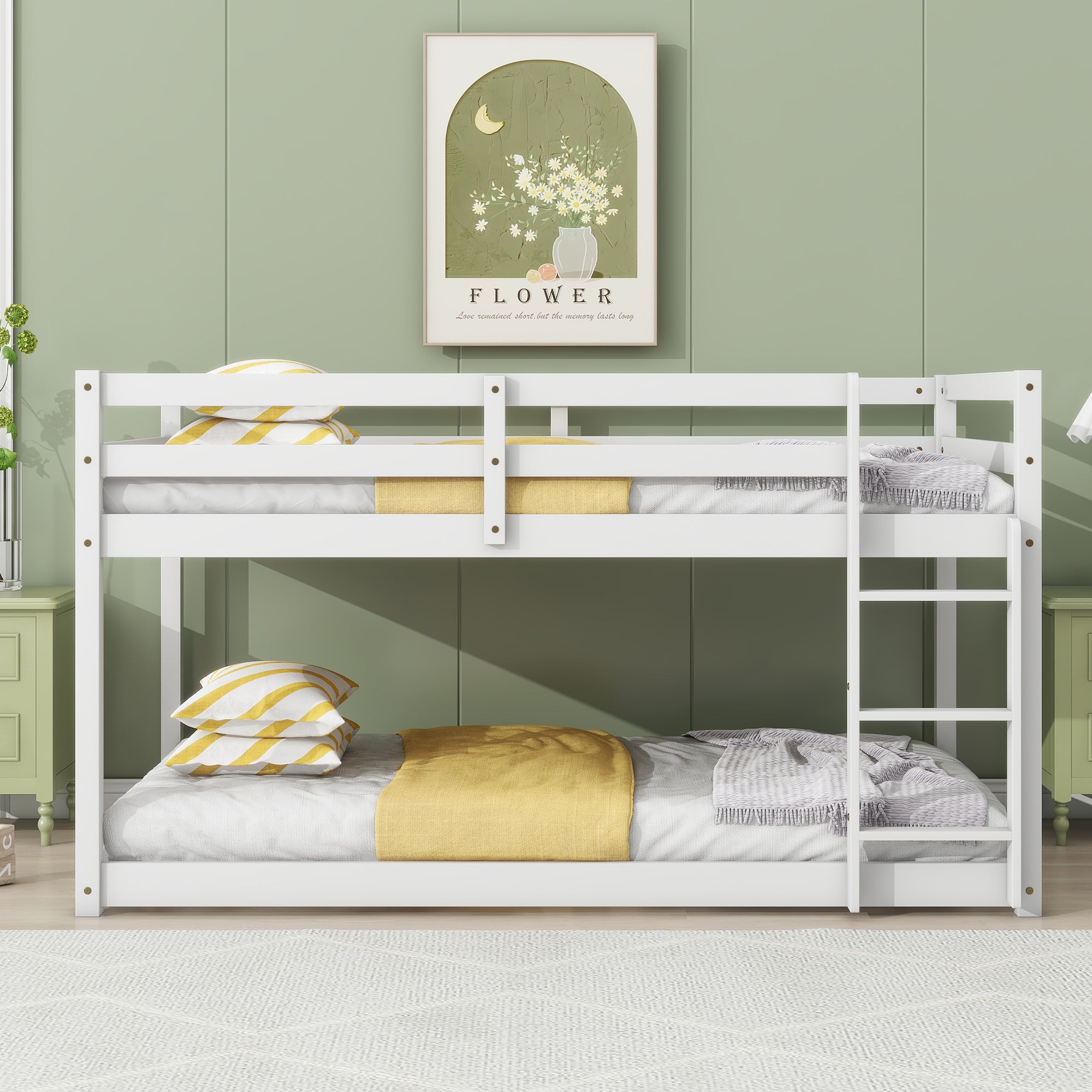 White Solid Rubberwood Twin/Twin Floor Bunk Bed, Strong Slats, Ladder