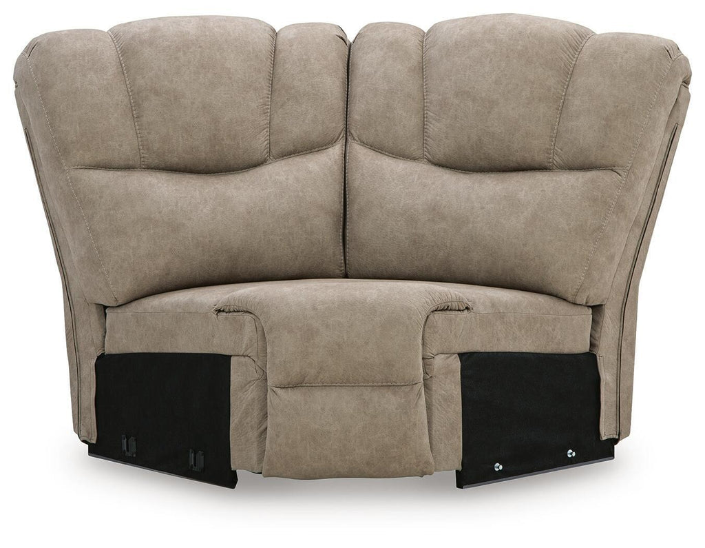 Birch wedge sofa section, light beige suede-look upholstery with cushioned arms and back