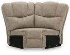 Birch wedge sofa section, light beige suede-look upholstery with cushioned arms and back