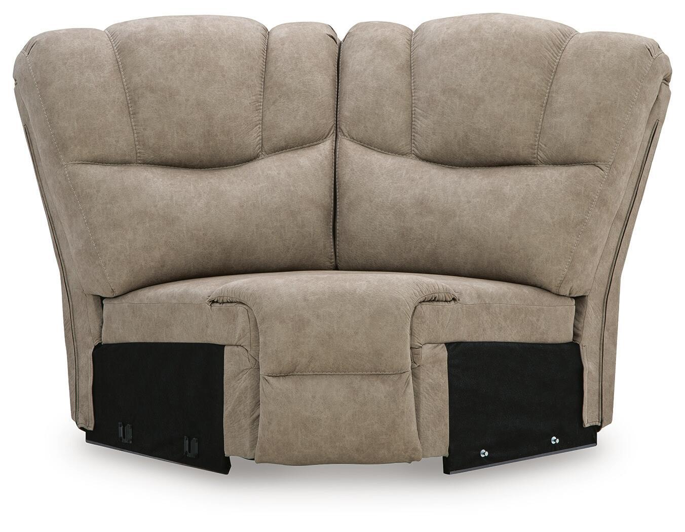 Birch wedge sofa section, light beige suede-look upholstery with cushioned arms and back