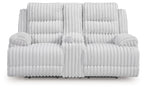 White channel-tufted double reclining loveseat, backrest split with two reclining positions