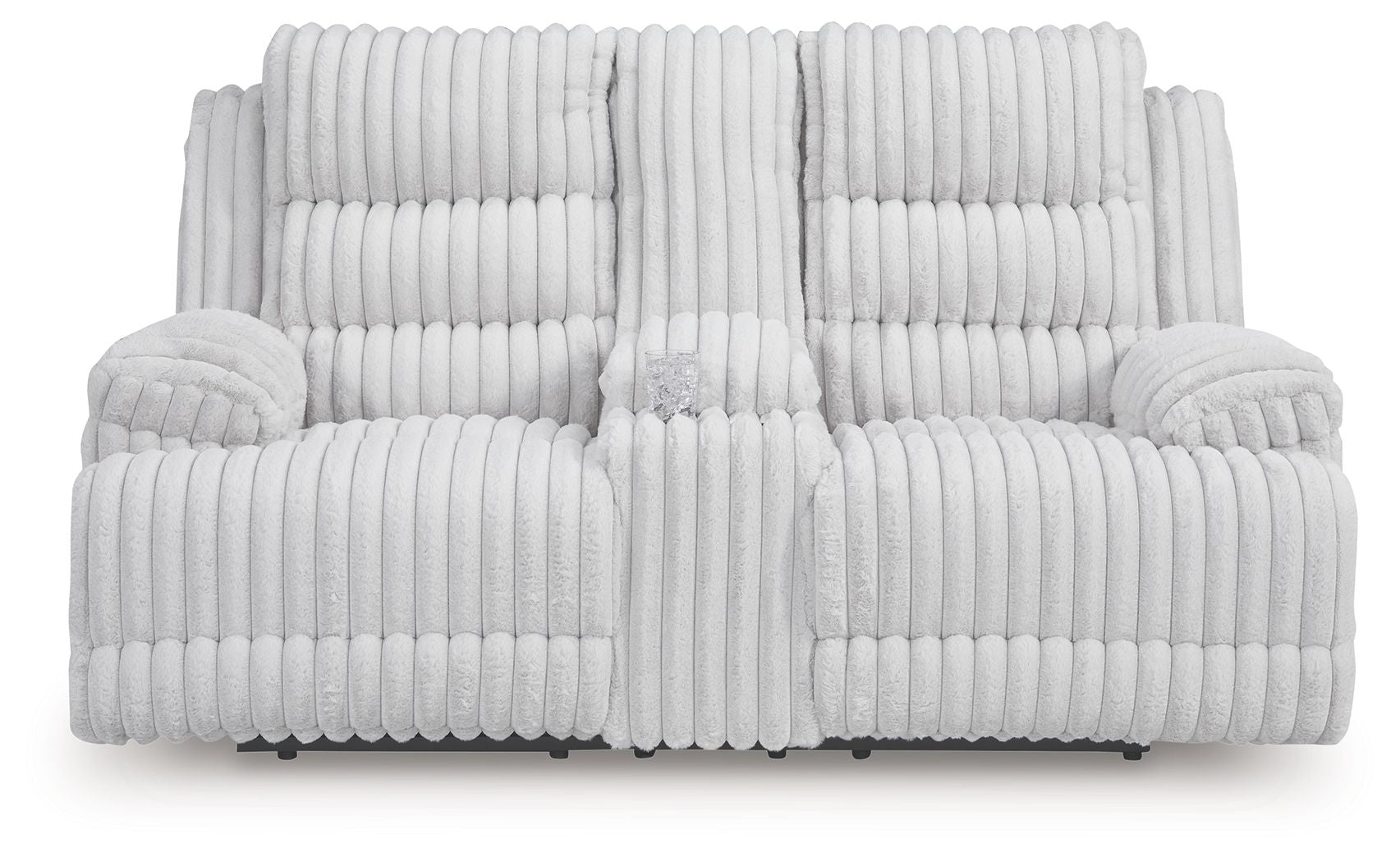 White channel-tufted double reclining loveseat, backrest split with two reclining positions