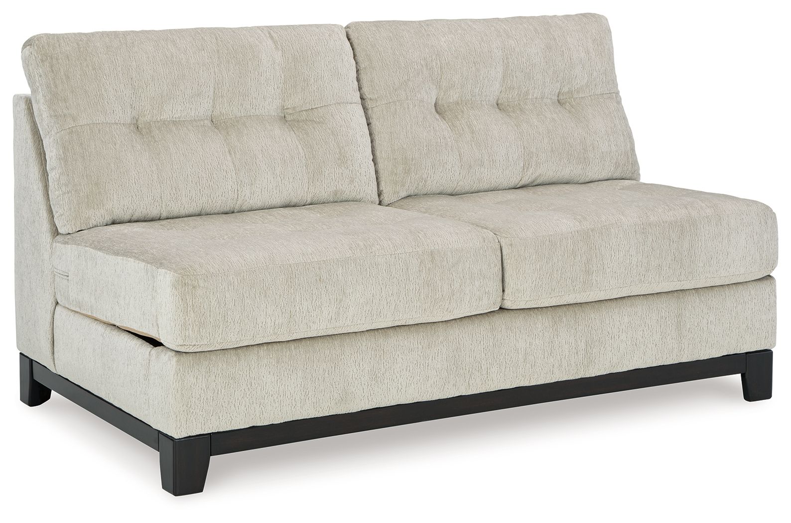 Stone armless loveseat with padded back and seats, dark legs, light textured upholstery