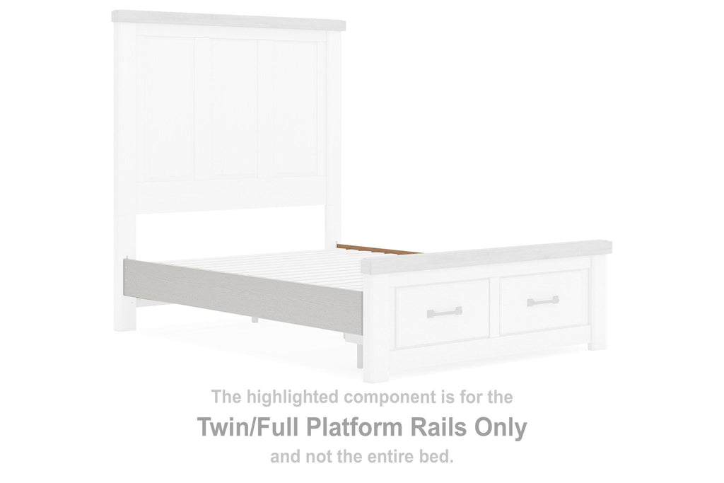 White twin/full bed platform rails with two drawer-style fronts