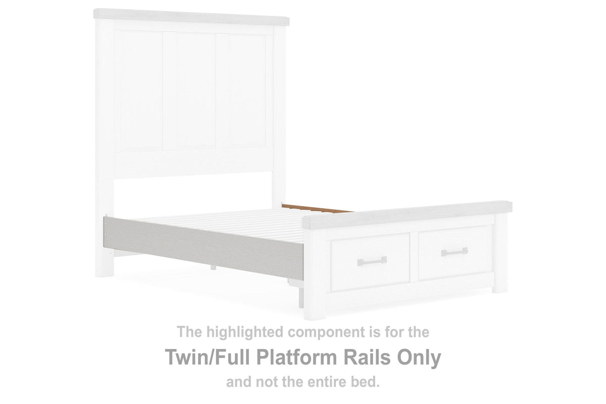 White twin/full bed platform rails with two drawer-style fronts