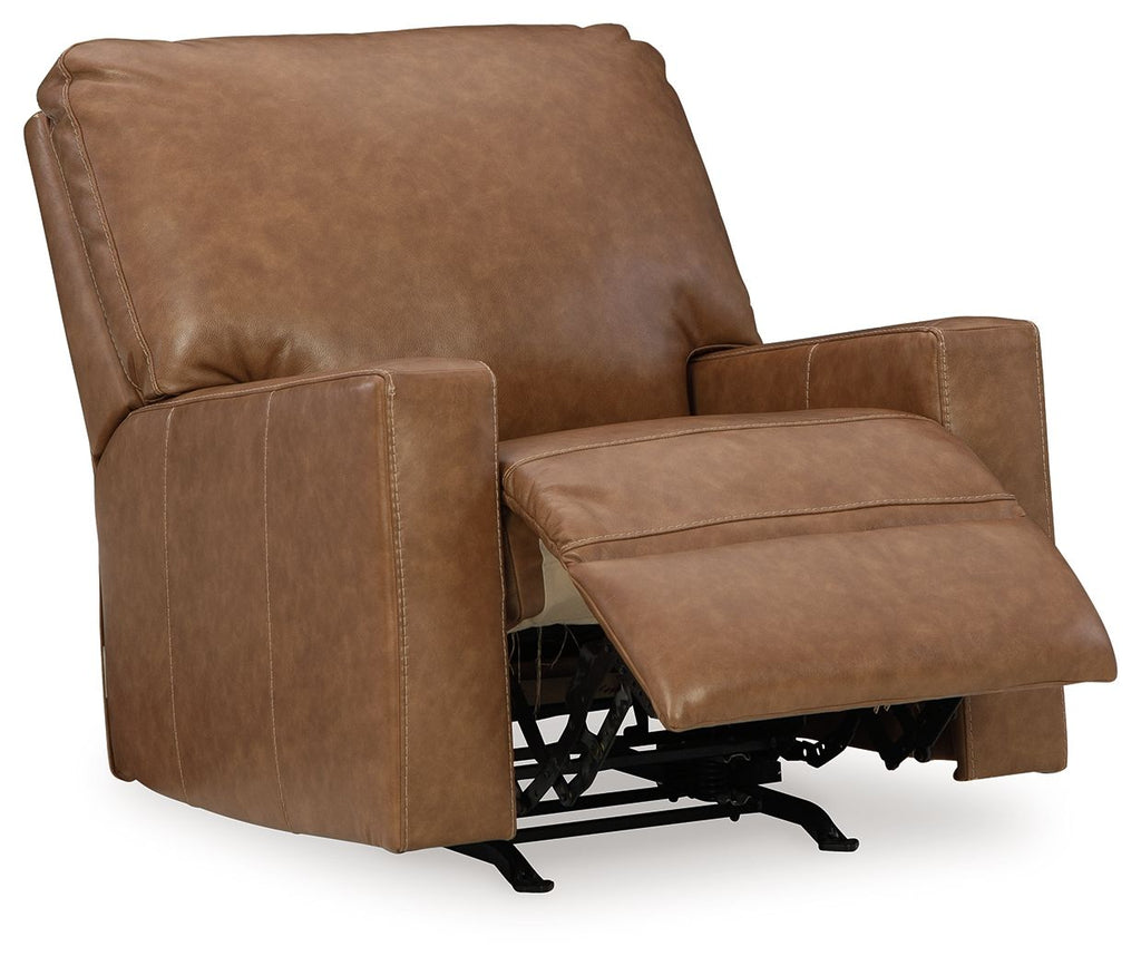 Caramel brown leather rocker recliner with extended footrest and padded seat