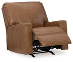 Caramel brown leather rocker recliner with extended footrest and padded seat